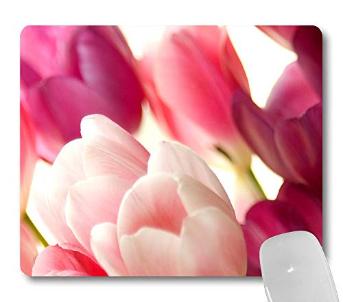 Wknoon Pink Tulips Flowers Pretty Decorative Mouse Pad Custom Girly Pink Purple Floral Design Mouse Pads