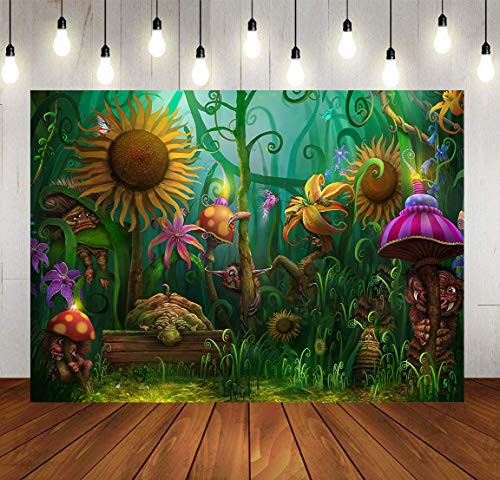 SDDSER Sunflower Mushroom Essence Monster Backdrops for Adventure Party Background Photography 7X5FT Cartoon Forest Photo Backgrounds Stand Party Wall Paper Room Mural Props MSDHX222