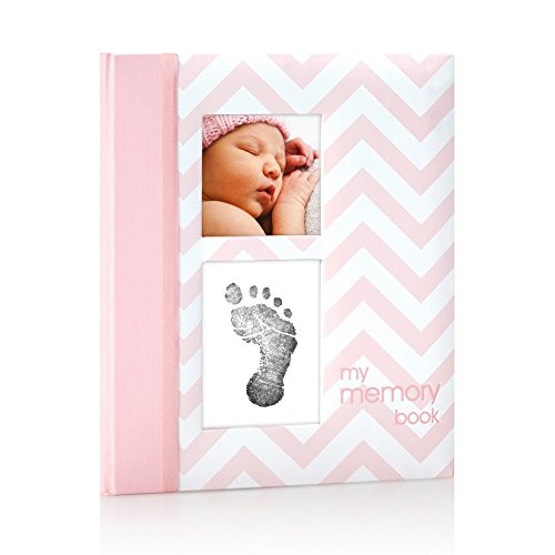 Pearhead First 5 Years Chevron Baby Memory Book with Clean Touch Baby Safe Ink Pad to Make Baby s Hand or Footprint Included Pink