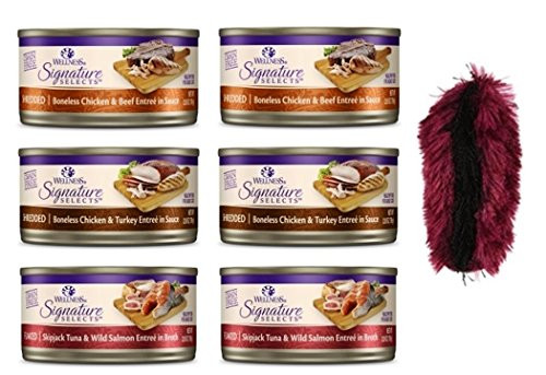 Wellness Signature Selects Grain Free Cat Food 3 Flavor Variety 6 Can Bundle with Toy  2  Each  Shredded Chicken Turkey Shredded Chicken Beef and Flaked Skipjack Tuna Salmon  28 Ounces