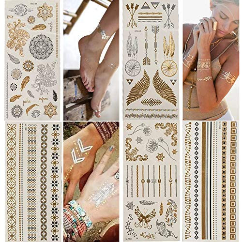 Temporary TattoosMetallic5 Large Sheets Gold Silver Glitter by WffDirect80  Color Flash Fake Waterproof Tattoo Stickers For Adults or Kids