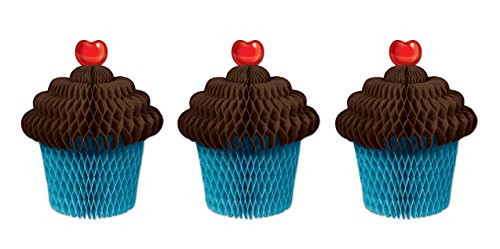 Beistle 54930-BT 3 Pieces Tissue Cupcake Centerpieces, 7", Brown/Turquoise/Red