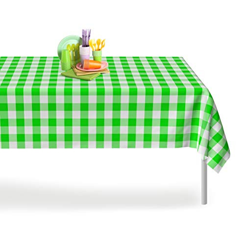 Green Checkered Gingham 12 Pack Premium Disposable Plastic Tablecloth 54 Inch x 108 Inch Rectangle Table Cover By Grandipity