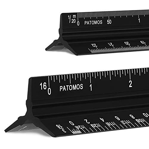 PATOMOS Metric and Imperial Scale Ruler Set Aluminum Triangular Ruler for Drafting Architect and Engineer Measurements