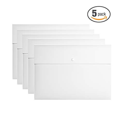 VANRA Poly File Folder Pockets File Jacket Plastic Envelope Flat Document Letter Organizer with Snap Button Closure A4 Letter Size (Pack of 5, White)