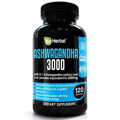 BE HERBAL Organic Ashwagandha 3000mg with BioPerine   Stress Relief Anti Anxiety Cortisol Manager and Adrenal Support Supplement   120 Capsules