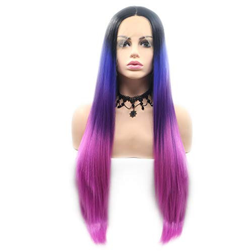 RainaHair Silky Straight Ombre Purple Wig Dark Roots Purple Blue Pink 4 Tones Synthetic Lace Front Wig Colorful Rainbow Wig For Women Drag Queen Cosplay Party Makeup 24inch RainaHair Silky Straight Ombre Purple Wig Dark Roots Purple Blue Pink 4 Tones Synthetic Lace Front Wig Colorful Rainbow Wig For Women Drag Queen Cosplay Party Makeup 24inch