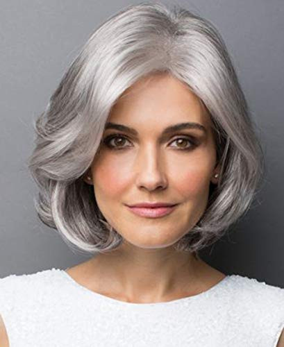 SEVENCOLORS Short Bob Wavy Gray Hair Wigs for Women Sliver Gray Synthetic Wig Bob Hair Natural Looking Daily Party Wig with Free Wig Cap