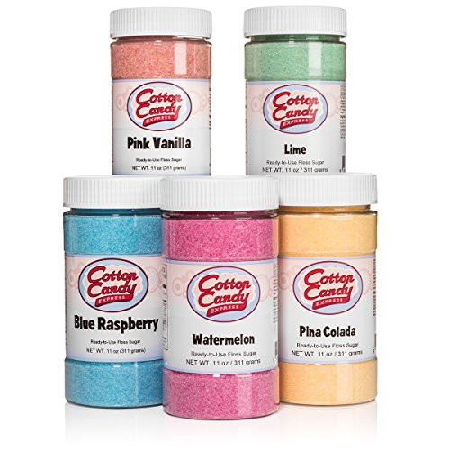 Cotton Candy Express 5 Flavor Cotton Candy Sugar Pack with Lime Watermelon Pina Colada Blue Raspberry Pink Vanilla 11 Ounce Jars