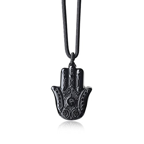 COAI Healing Black Obsidian Stone Hamsa Hand Pendant Necklace for Men Women