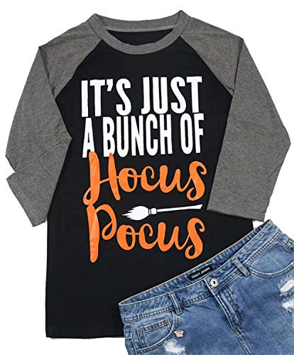 FAYALEQ It s Just A Bunch of Hocus Pocus Halloween Costume T Shirt Women 3 4 Sleeve Raglan Tops Tee Size M  Black