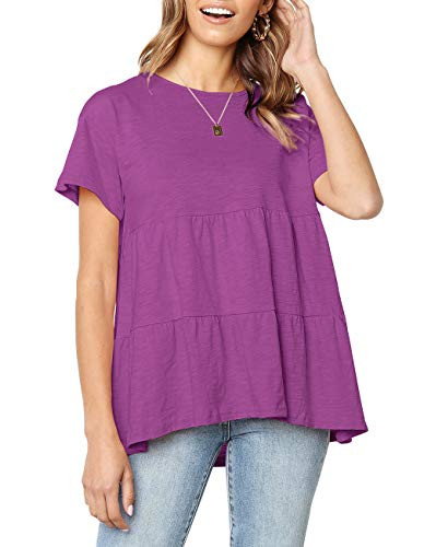 Women s Short Sleeve Flounce Blouse Loose Solid Ruffle High Low Hem Tunic Top Casual Round Neck T Shirt  Purple S