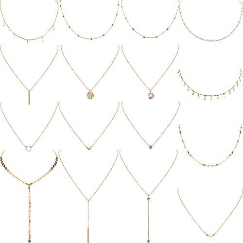 16 Pieces Layered Choker Necklace Adjustable Pendant Necklace Moon Sequins Choker Multilayer Chain Necklace Set for Women Girls Gold 16 Pieces Layered Choker Necklace Adjustable Pendant Necklace Moon Sequins Choker Multilayer Chain Necklace Set for Women Girls Gold