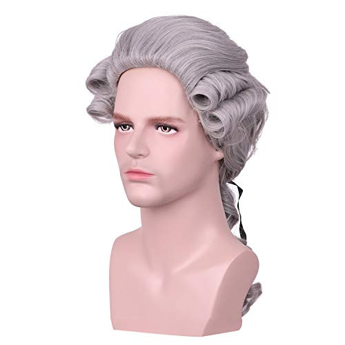 Yilys Men Long Wave Judge Colonial Wig Halloween Costume Cosplay Wig  Gray