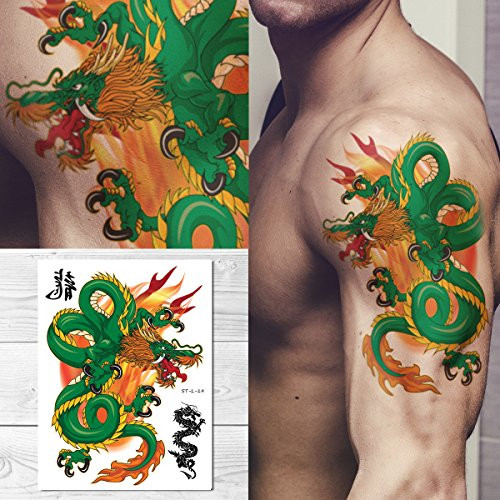 Supperb Temporary Tattoos   Green Dragon on Fires