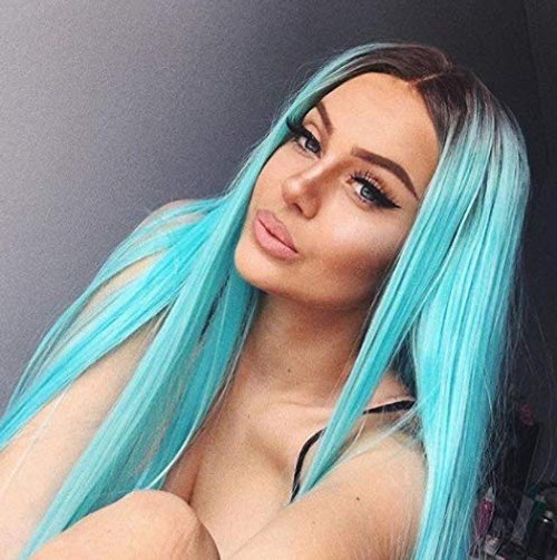 Sylvia Pastel Blue Ombre Lace Front Wigs with Dark Roots 24inch 2 Tones Silky Straight Natural Hairline Glueless Synthetic Hairs 180 Density Heat Resistant Hairs Half Hand Tied Wig for Woman Sylvia Pastel Blue Ombre Lace Front Wigs with Dark Roots 24inch 2 Tones Silky Straight Natural Hairline Glueless Synthetic Hairs 180 Density Heat Resistant Hairs Half Hand Tied Wig for Woman