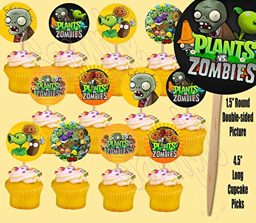 Party Over Here Plants vs Zombies Video Game Double Sided Images Cupcake Picks Cake Topper  12