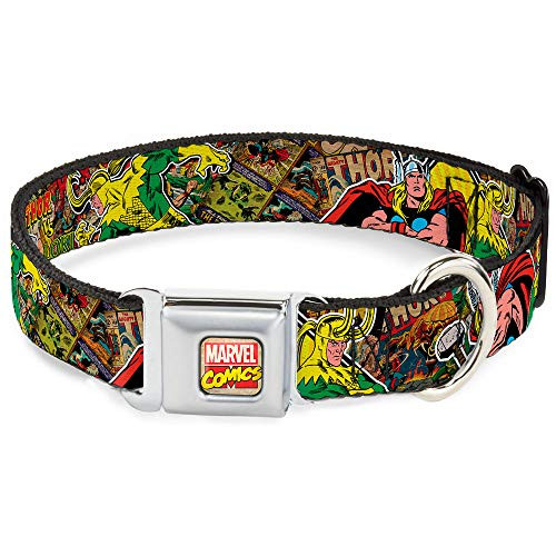 Buckle Down Seatbelt Buckle Dog Collar   Thor   Loki Poses Retro Comic Books Stacked   15  Wide   Fits 16 23  Neck   Medium