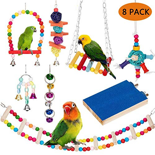 Qzc Bird Parrot Toys 8pcs Bird Chewing Toys Bird Swing Hanging Toy for Parrots Parakeets Cockatiels Conures Macaws Love Birds Finches