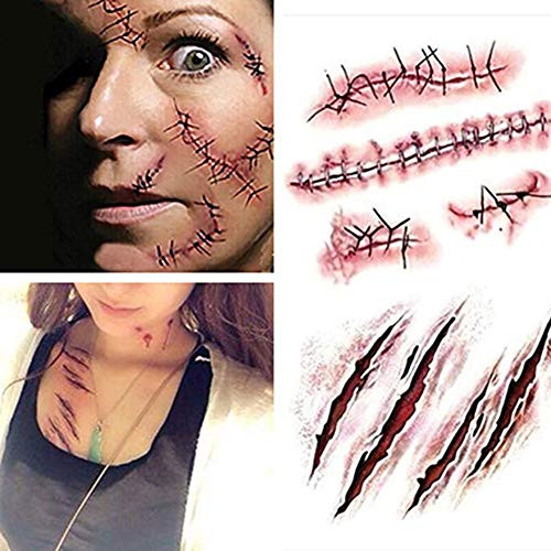YULOONG Horror Realistic Fake Bloody Wound Stitch Scar Scab Waterproof Temporary Tattoo Sticker Halloween Masquerade Prank Makeup Props