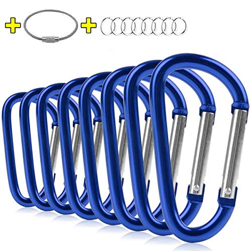 ZEINZE Carabiner Clip 3  Aluminum D Ring Spring Loaded Gate Small Keychain Carabiners Clip Set for Outdoor Camping Mini Lock Hooks Spring Snap Link Key Chain Durable Improved Design 8 Pack  Blue