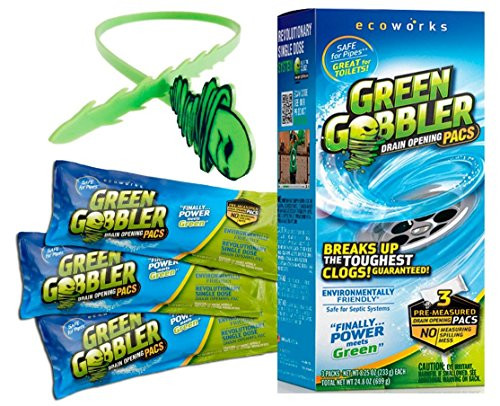 Green Gobbler Drain Opener Pacs for Drain and Toilet Clogs, 3 Pac with free hair grabber tool