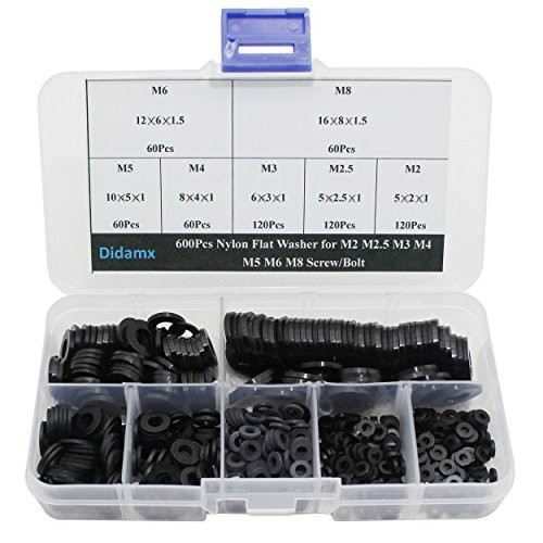 Didamx 600Pcs Nylon Flat Washer for M2 M2.5 M3 M4 M5 M6 M8 Screw/Bolt Didamx 600Pcs Nylon Flat Washer for M2 M2.5 M3 M4 M5 M6 M8 Screw/Bolt