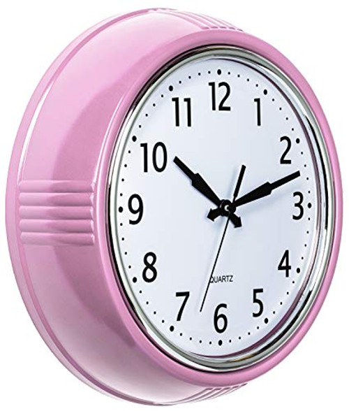 Bernhard Products Retro Wall Clock 95 Inch Pink Kitchen 50 s Vintage Design Round Silent Non Ticking Battery Operated Quality Quartz for Home Office Baby Nursery Girls Room Classroom Easy to Read