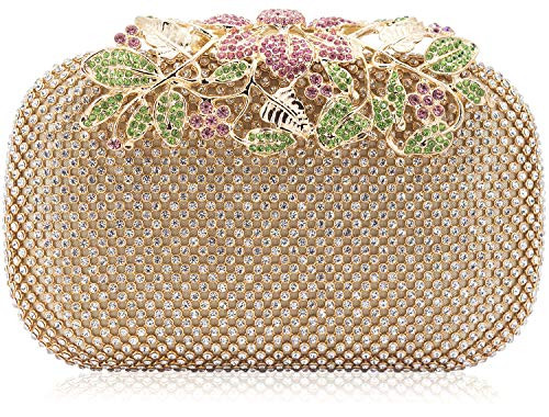 Dexmay Luxury Flower Women Clutch Purse Rhinestone Crystal Evening Bag for Wedding Party Multi Gold