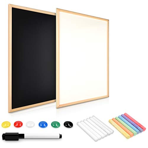 Navaris Double Sided Chalkboard Whiteboard   60 x 40 cm Blackboard Magnetic Memo Notice White Board   Includes Chalk and Magnets   Wood Frame
