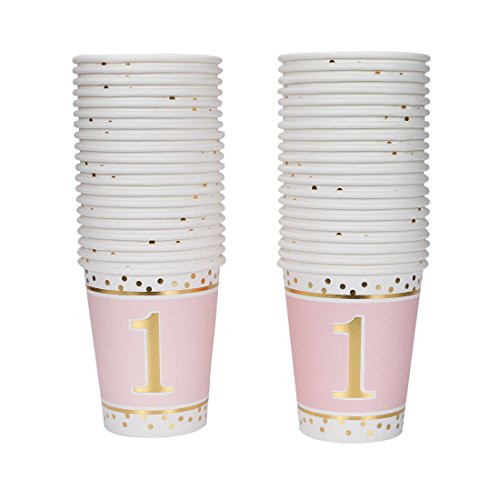 Geeklife 1st Birthday Girls Gold Paper Cups,Cute Pink Gold Cups 9oz for 1st Birthday Party or 1st Anniversary Day,40 pcs