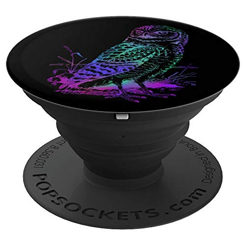 Owl In Purple Pink Teal Gradient Colors On Black Background PopSockets Grip and Stand for Phones and Tablets