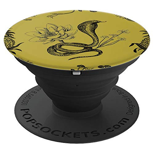 Cobra Snake and Flowers Black on Gold Background PopSockets Grip and Stand for Phones and Tablets