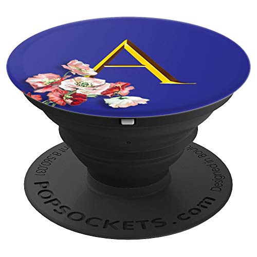 Letter A Monogram Initial Blue Background Watercolor Poppies PopSockets Grip and Stand for Phones and Tablets
