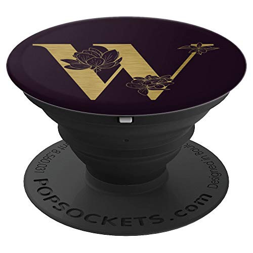 Initial W Letter Floral Rose 0n Matte Dark Purple Background PopSockets Grip and Stand for Phones and Tablets