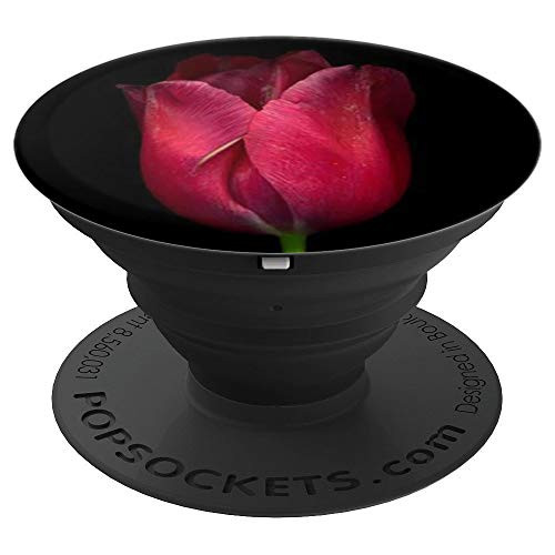 Cute Red Tulip Flower on black background Pattern Grip Phone PopSockets Grip and Stand for Phones and Tablets