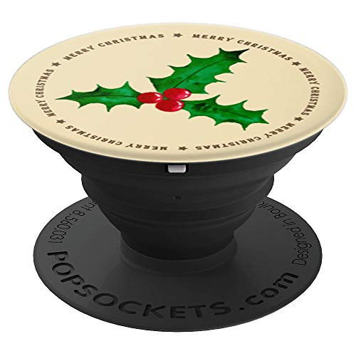 Merry Christmas Holly Berry Holiday on Tan Background PopSockets Grip and Stand for Phones and Tablets