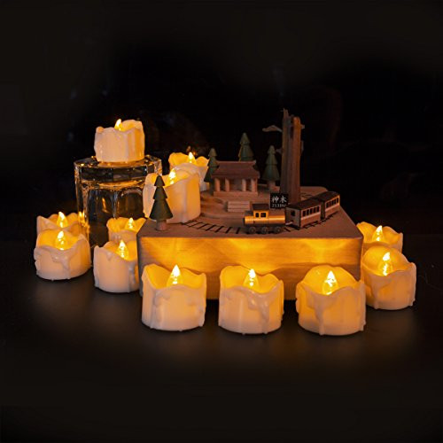 ANLight Pack of 12 Timing Flickering Wax Dripped LED Tea Light Battery Operated Amber Yellow Flameless Candles For Votive Candle, Wedding Birthday, Party, Home ANLight Pack of 12 Timing Flickering Wax Dripped LED Tea Light Battery Operated Amber Yellow Flameless Candles For Votive Candle, Wedding Birthday, Party, Home