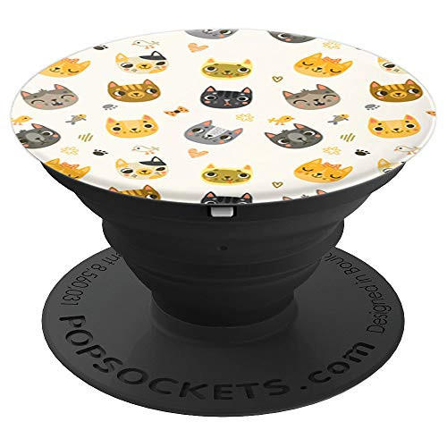 Cute Cats Pattern Colorful Design on White Background PopSockets Grip and Stand for Phones and Tablets