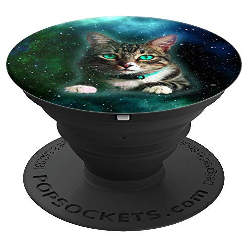 Green Eyes Cat On Galaxy Sky Background PopSockets Grip and Stand for Phones and Tablets