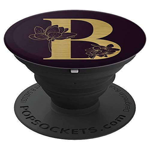 Initial B Letter Floral Rose 0n Matte Dark Purple Background PopSockets Grip and Stand for Phones and Tablets