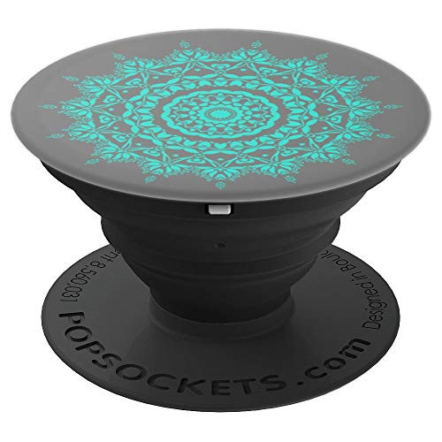 Turquoise Color Light Blue Peace Mandala Gray Background PopSockets Grip and Stand for Phones and Tablets