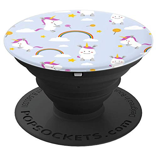 Unicorn Cartoon Rainbow Clouds on Blue Background PopSockets Grip and Stand for Phones and Tablets