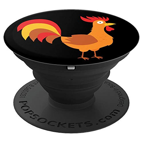 Cute Yellow Red Brown And Orange Rooster On Black Background PopSockets Grip and Stand for Phones and Tablets