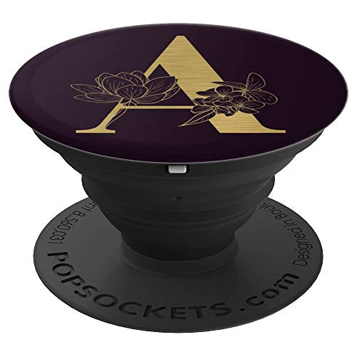 Initial A Letter Floral Rose 0n Matte Dark Purple Background PopSockets Grip and Stand for Phones and Tablets