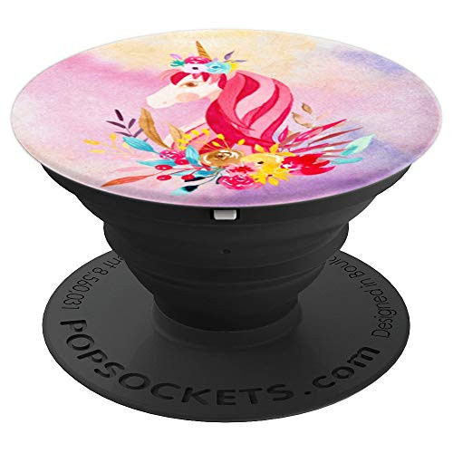 Floral Pink Unicorn With Pink Background PopSockets Grip and Stand for Phones and Tablets