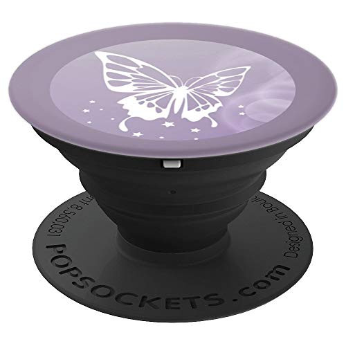 White Butterfly Silhouette on a Lilac and Mauve Background PopSockets Grip and Stand for Phones and Tablets