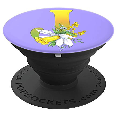 Initial J Daffodil Design on Purple Background Grip PopSockets Grip and Stand for Phones and Tablets