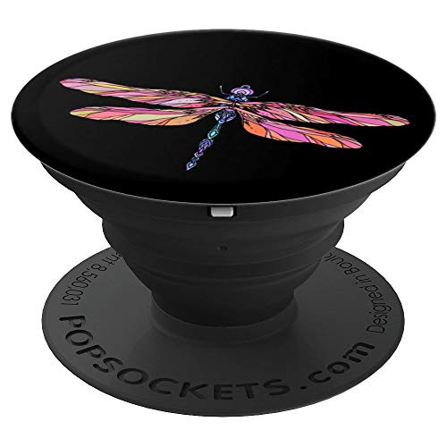 Cool Vintage Orange Beige Pink Dragonfly On Black Background PopSockets Grip and Stand for Phones and Tablets