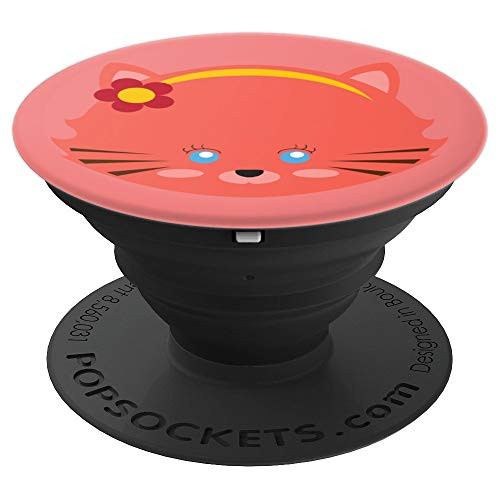 Cute Cartoon Kitty Cat Coral Background PopSockets Grip and Stand for Phones and Tablets